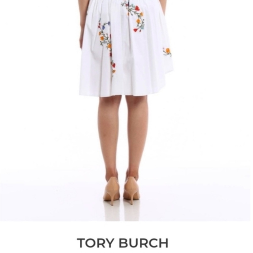 Tory Burch White A-Line Skirt with Multicolored Floral Embroidery